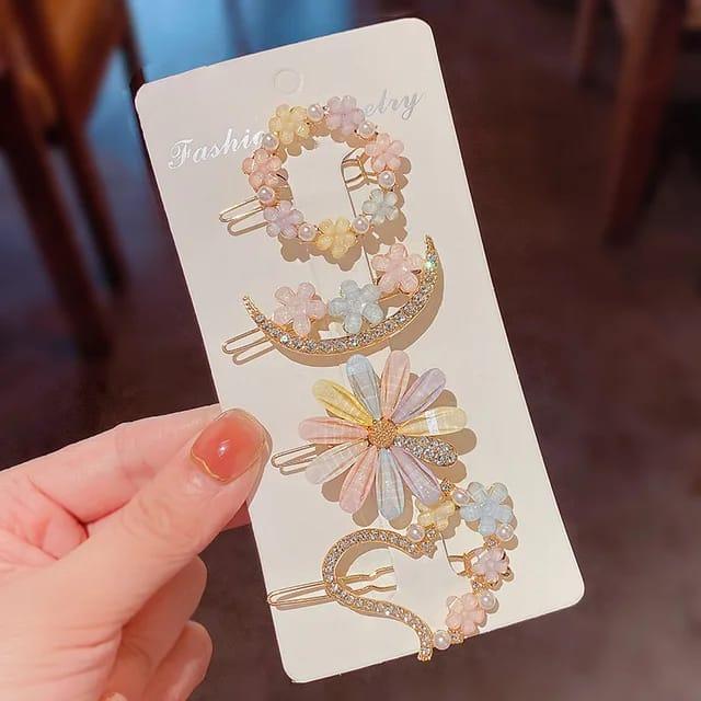 Flower Design Gold Plated Hair Pin Set – 4 Pcs Premium Artificial Stone Clips