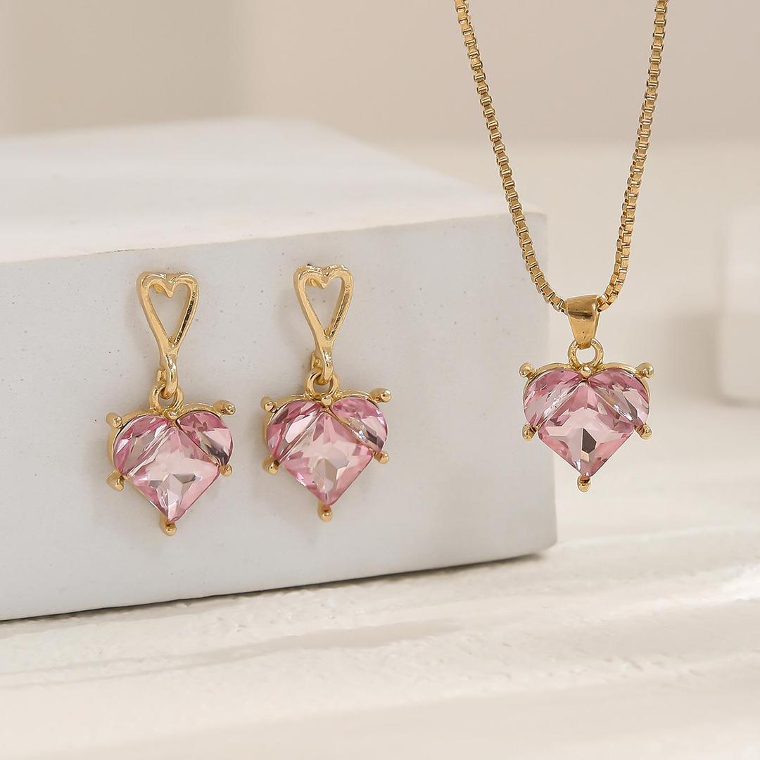 Gold Plated Pink Zircon Heart Necklace Set – Elegant Crystal Jewellery for Women