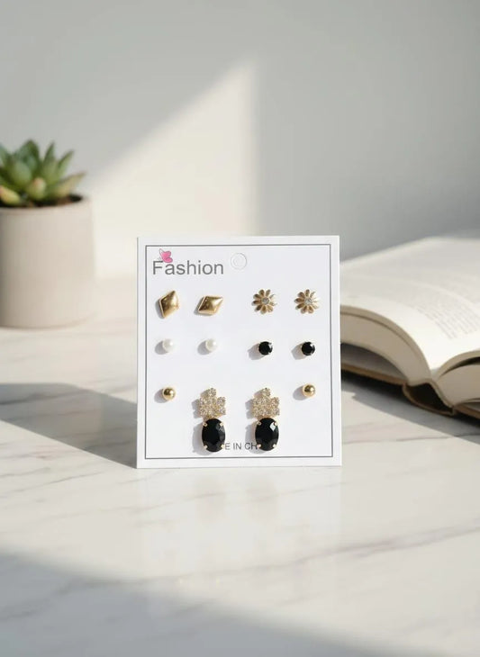 6 Pair Gift Box Modern Design Stainless Steel Gold Plated Crystal Tops