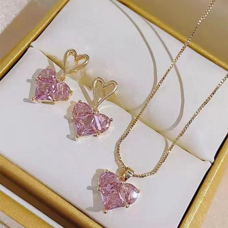 Gold Plated Pink Zircon Heart Necklace Set – Elegant Crystal Jewellery for Women