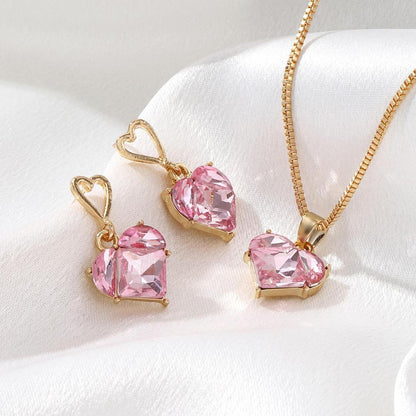 Gold Plated Pink Zircon Heart Necklace Set – Elegant Crystal Jewellery for Women