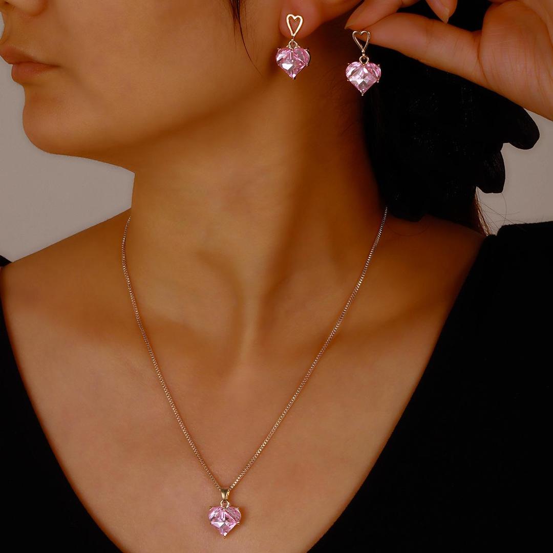 Gold Plated Pink Zircon Heart Necklace Set – Elegant Crystal Jewellery for Women