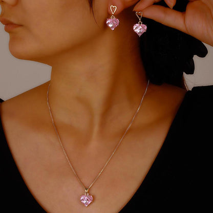 Gold Plated Pink Zircon Heart Necklace Set – Elegant Crystal Jewellery for Women
