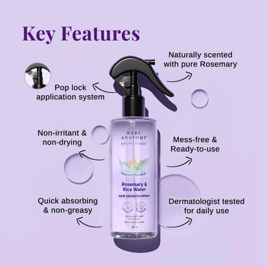 Bare Anatomy Rosemary & Rice Water Hair Growth Spray | Boosts Thickness | Controls Hair Fall | 200ml