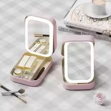 Portable Folding Makeup Mirror Jewellery Box – 3-Color LED Beauty Mirror & Multi-Function Organizer