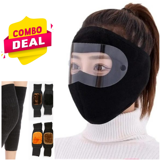 Windproof Anti Dust Full Face Masks Cycling Ski Breathable Masks Eye HD Anti Fog Goggles Hood Cover Winter Warm Hat Caps - Windproof Anti Dust Full Face Masks ( 01 Pair ) Knee Warmer Woolen Knee Cap ( Random Color ) - Face Mask + Knee Warmer